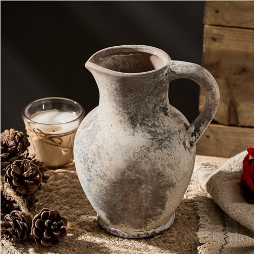 Gray Ceramic Farmhouse Vase Set with Handle - Rustic Decorative Vases for Home & Christmas