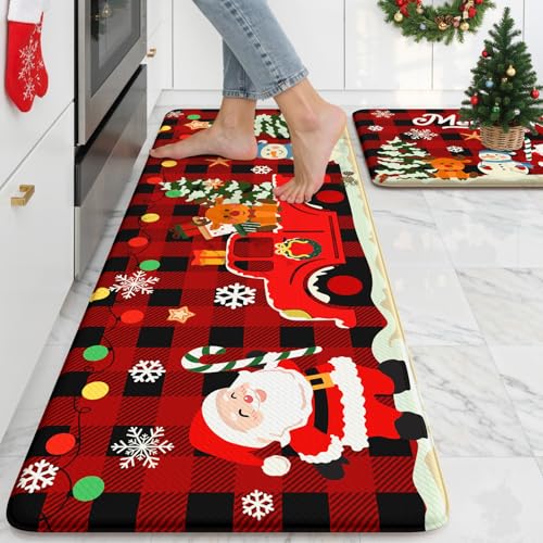 Sungea Christmas Kitchen Anti-Fatigue Mat Set of 2, Santa & Buffalo Plaid Farmhouse Rugs, Non-Slip 17.3x29