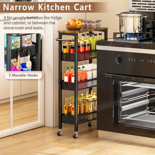 Black 4-Tier Slim Utility Rolling Cart with Wood Top - Narrow Metal Storage