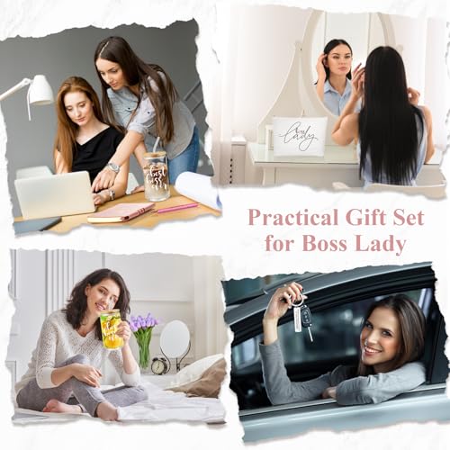 Pink Boss Appreciation Gift Set - 7Pcs for Female Leader, Includes Glass Cup, Makeup Bag, Notebook & Pens