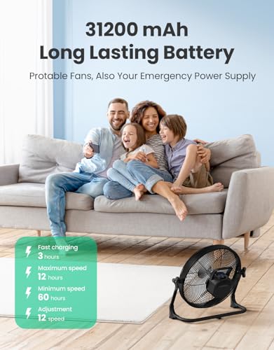 14-Inch Portable Solar Battery Fan - Black, Wireless, Rechargeable, Camping Fan with Phone Charging