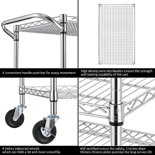 Finnhomy Chrome 3-Tier Heavy Duty Utility Cart 30"L x 18"W x 32.4"H with Handle, NSF Listed