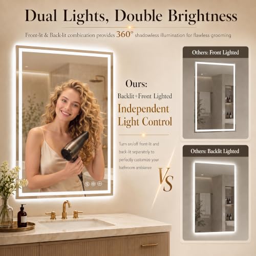 Homsion 36x30-inch LED Bathroom Mirror with 3 Light Modes, Dimmable & Defogging