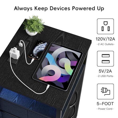 Fixwal Night Stand with 3 Drawers & Charging Station - Black, RGB LED Light, Size: 15.7"D x 11.8"W x 26.9"H