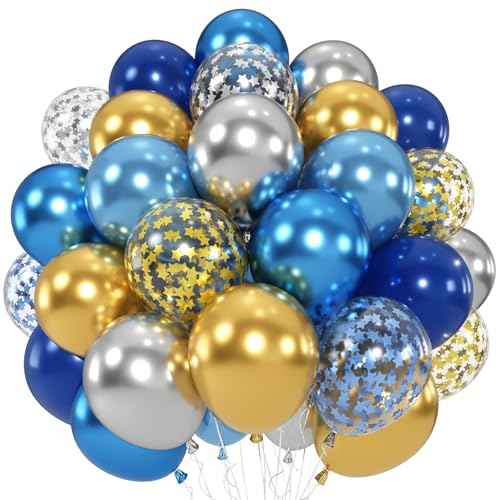 Blue Gold Silver Balloons, 50 PC 12 Inch Metallic Navy Royal Light Blue Silver Gold Balloon With Star Confetti Birthday Balloons Decoration, Kids Party Balloon for Retirement Baby Shower Boys Fathers