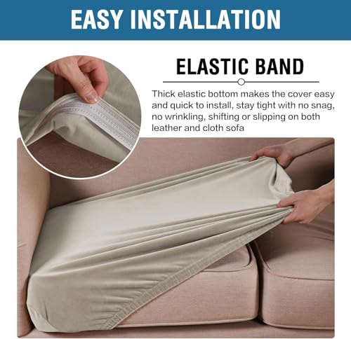 Velvet Couch Cushion Cover 3-Piece Set - Oatmeal Stretch Sofa Slipcover