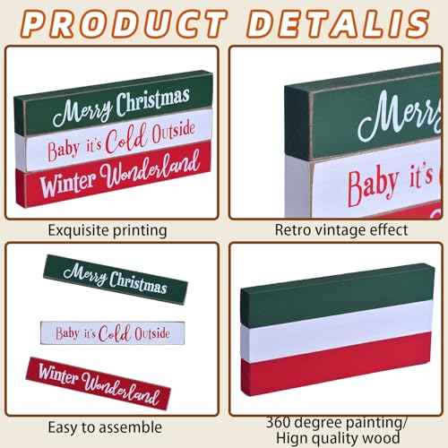 Rustic Wooden Christmas Sign Blocks, 3pcs Farmhouse Decorations Indoor, Tiered Tray Decor, Xmas Centerpiece, Merry Christmas Wood Signs for Home Desk Office Bedroom Shelf (3pcs)