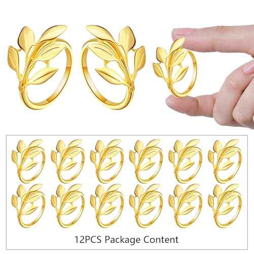 Napkin Rings Set of 12 - Gold Semicircle Metal Leaf Fall Thanksgiving Christmas Napkin Rings, Napkin Holder for Thanksgiving Dinner Table Decor Wedding Kitchen Banquet Holiday Everyday Party