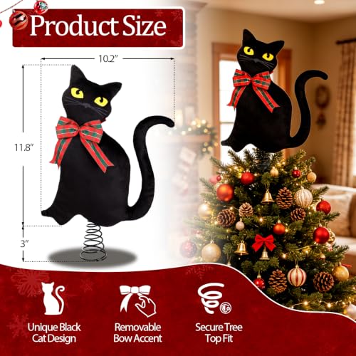 Black Cat Christmas Tree Topper for Halloween & Holiday Decor - 11.8 Inch