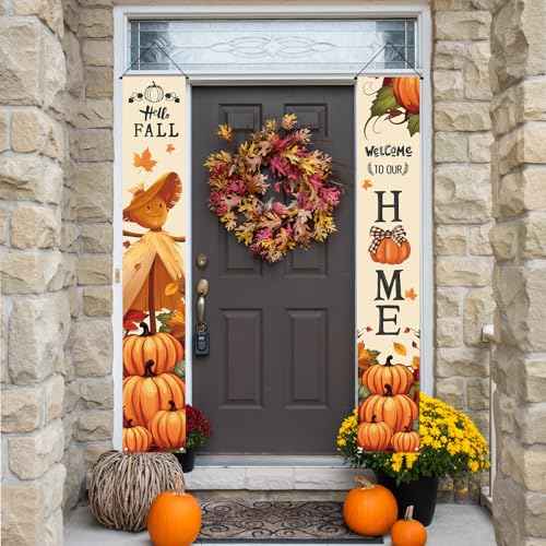 Thanksgiving Decorations Thanksgiving Banner,Fall Pumpkin Maple Leaves Give Thanks Front Door Decor,Autumn Porch Sign Board Hanging Friendsgiving Harvest Farmhouse Outdoor Supplies for Home Office -12 x 71inches