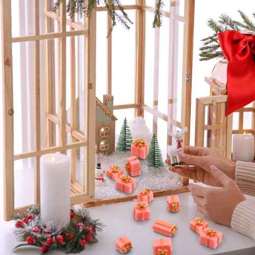 Bucherry 50 Pcs Christmas Miniature Resin Gift Boxes Pink and Gold Mini Christmas Ornaments Xmas Miniature Figurines Charms for Craft DIY Garden Accessories