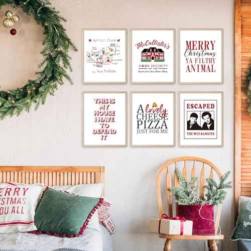 Home Alone Christmas Decorations, Funny Holiday Posters Wall Decor, Set of 6 Home Alone Art Prints for Bathroom Bedroom Decor, Xmas Party Decor Supplies, 8x10 inch, Unframed