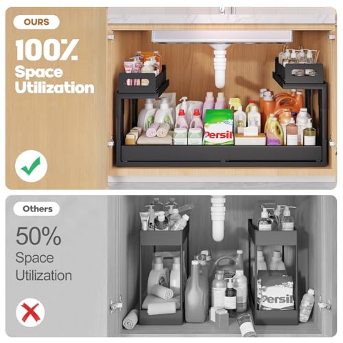Biboraya Black Expandable Under Sink Organizer 19-32 Inches, 2-Tier Pull Out Cabinet Storage