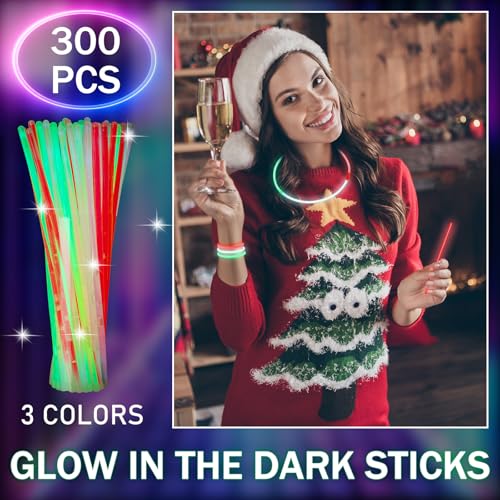 300 Pcs Glow Sticks Bulk Party Pack - Red, Green, White with Connectors (8 Inch)