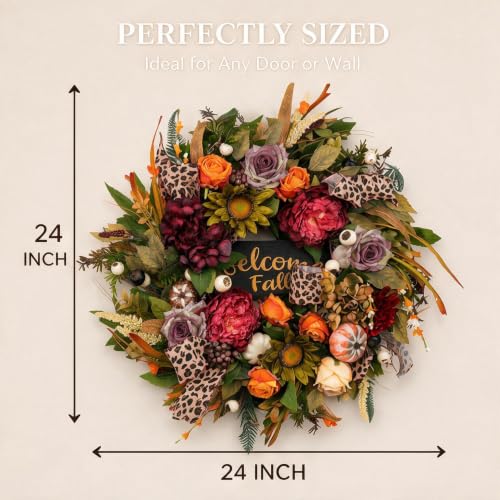 Fall Wreath - 24 Inch Artificial Autumn Front Door Decor with Sunflowers & Welcome Sign