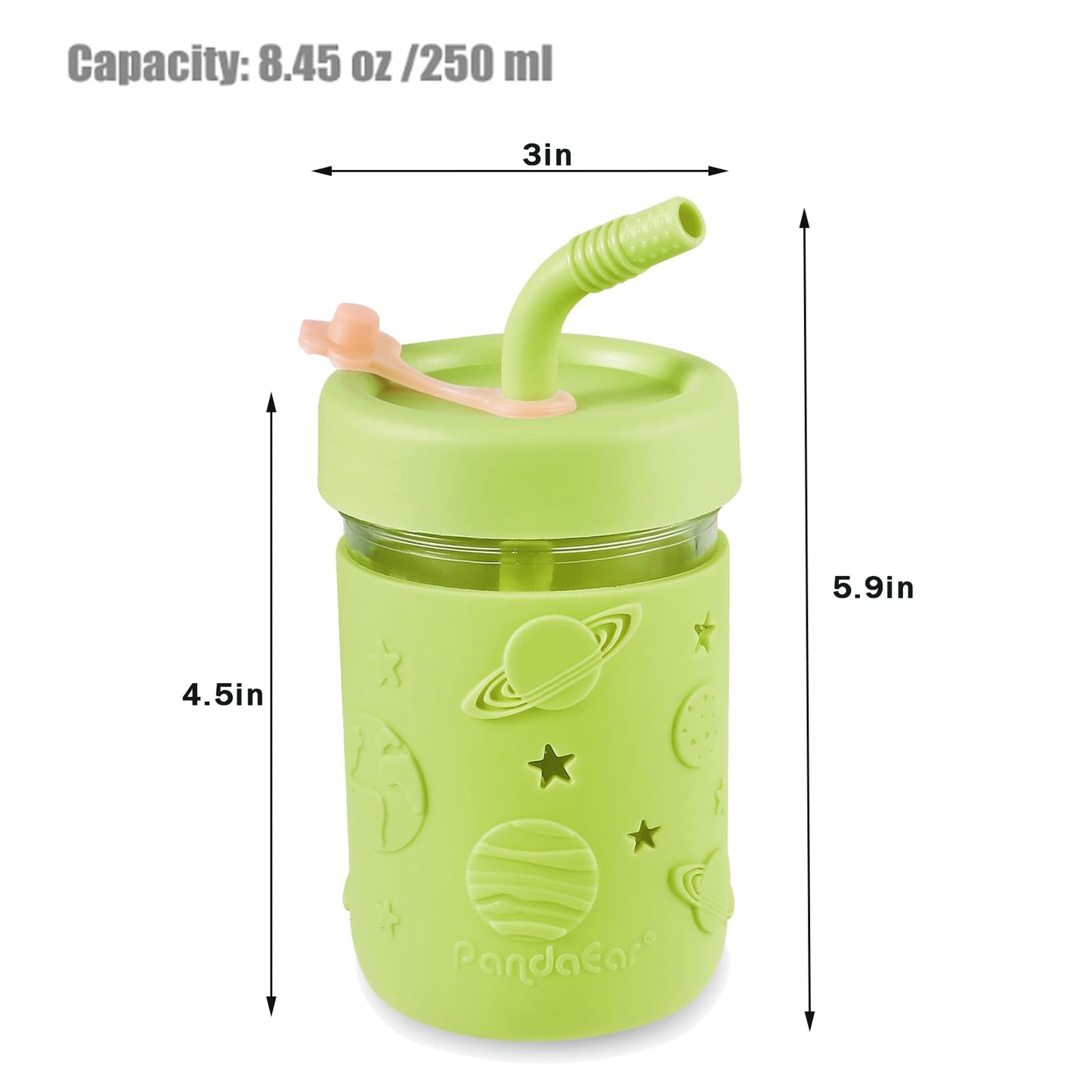 PandaEar Kids & Toddler Glass Cups, 4 Pack Glass Mason Jar Cups 8.45 oz with Silicone Sleeves & Straws, Spill-Proof Smoothie & Snack Cups for Children Ages 3+
