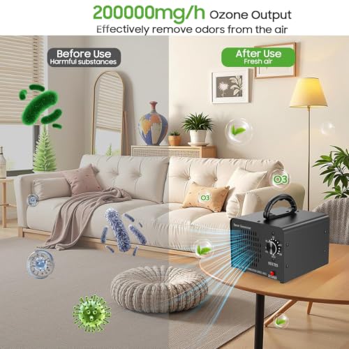 High Capacity Ozone Generator Machine 200,000mg/h for Odor Removal - Black