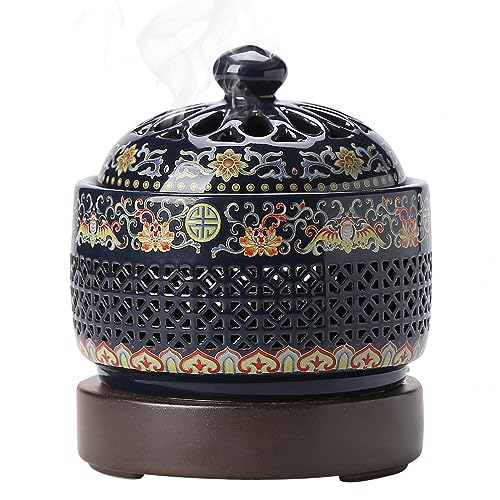 Electric Ceramic Incense Burner with LED Flames, Elegant Enamel Design