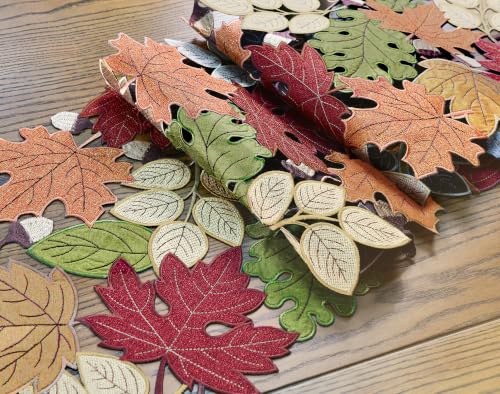 KEVA 13x72 Inch Fall Table Runner with Harvest Maple Leaves Embroidery