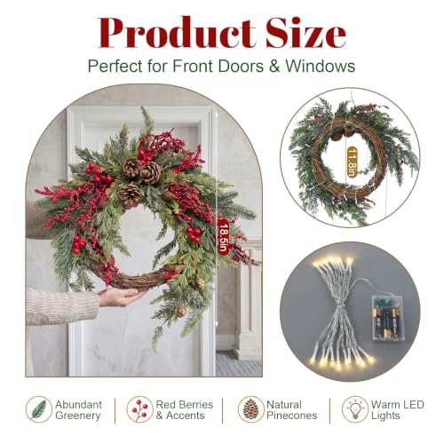 Yinder 20-Inch Red Berry LED Wreath with Rattan and Pinecones