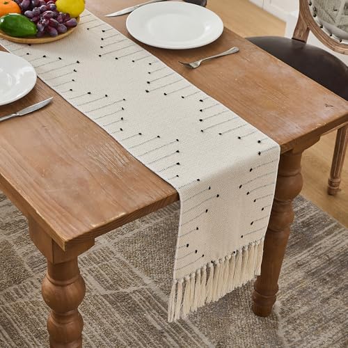 Zkanac Boho Table Runner 72in with Handmade Tassels, 70% Cotton 30% Linen, Beige/Black, 12x72