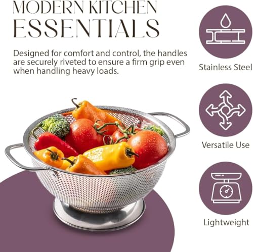 5 Qt Stainless Steel Colander for Kitchen - Pasta & Rice Strainer, Durable & Rust-Resistant