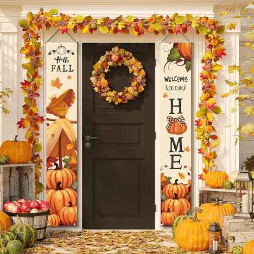 Thanksgiving Decorations Thanksgiving Banner,Fall Pumpkin Maple Leaves Give Thanks Front Door Decor,Autumn Porch Sign Board Hanging Friendsgiving Harvest Farmhouse Outdoor Supplies for Home Office -12 x 71inches