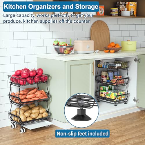 OKZEST Black 3-Tier Rolling Pantry Storage Cart with Wheels