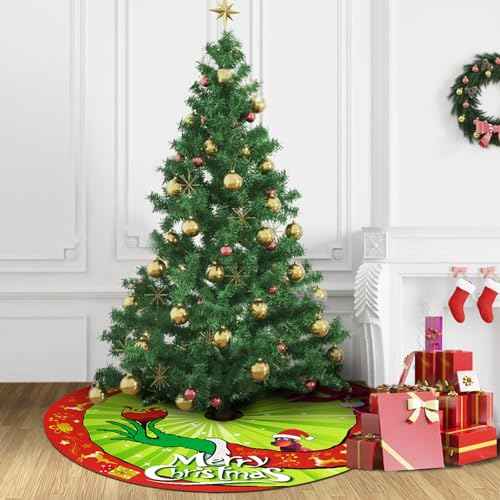 Christmas Tree Skirt Red & Green Merry Christmas Tree Collar Soft Farmhouse Xmas Monster Holiday Decoration (36 INCHES)