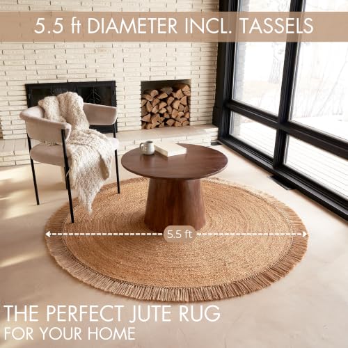 5.5x5.5 ft Natural Jute Area Rug - Round Rustic Boho Woven Floor Mat