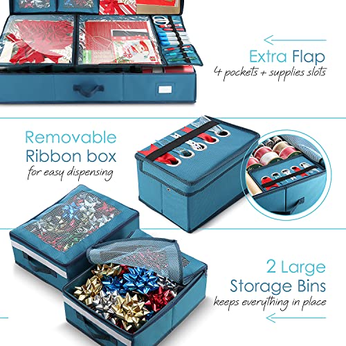 Hearth & Harbor Extra Large Blue Wrapping Paper Storage Container with Ribbons & Wheels