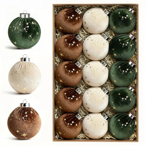 Upgraded Brown & Green Velvet Christmas Tree Ornaments 15PCS - Shatterproof Holiday Decorations
