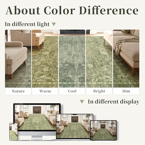 Tod Green Sage 8x10 Non Slip Area Rug for Living Room & Bedroom - Neutral Home Decor
