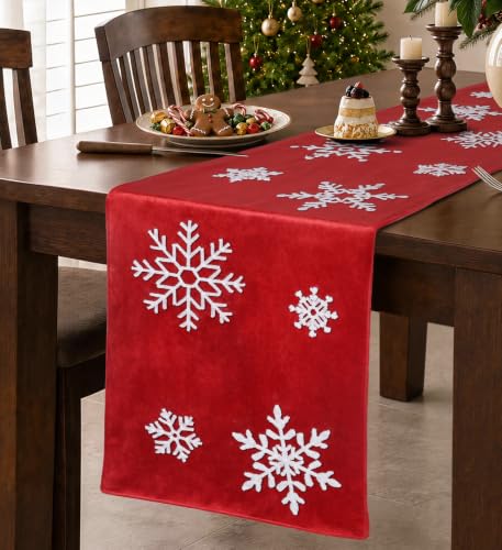 MuseHaus Winter Crimson 13x72 Velvet Embroidered Table Runner