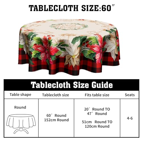 Giwawa 60-Inch Christmas Buffalo Check Plaid Round Tablecloth with Poinsettia Print