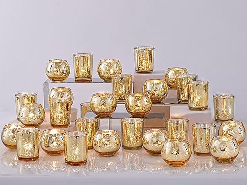 Gold Votive Candle Holders 48PCS Assorted Mercury Glass Wedding & Party Decor