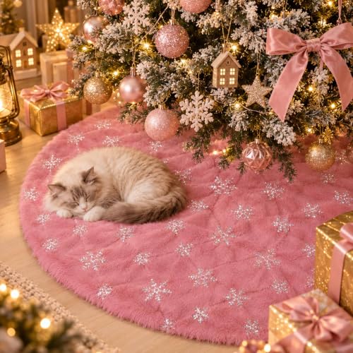 Yuboo Pink Silver Tree Skirt 48 Inch Faux Fur Christmas Decor