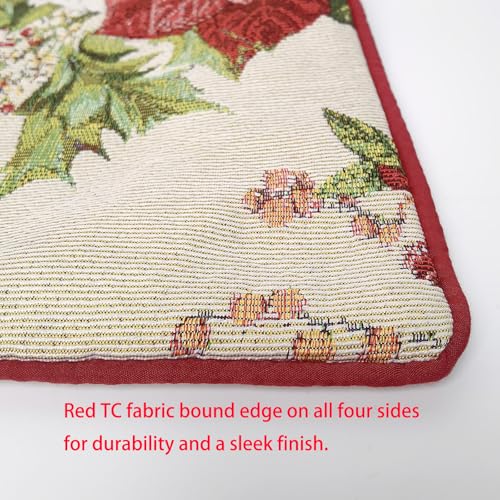 Ivory Christmas Poinsettia & Holly Throw Pillow Cover 18x18in with Red Piping