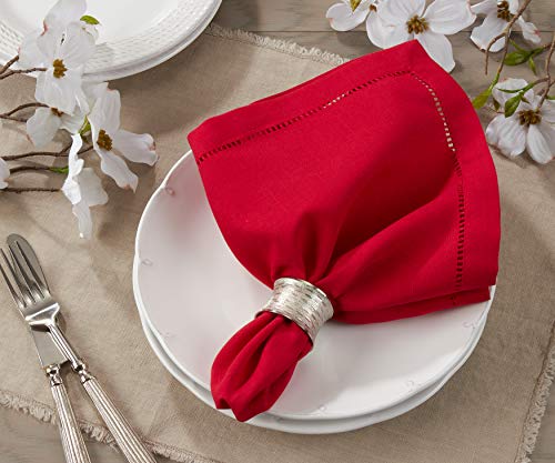 SARO LIFESTYLE Red 20x20 Set of 12 Classic Hemstitch Cloth Napkins for Dining
