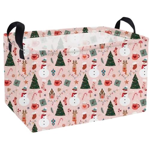 Essme Rectangular Christmas Baskets,Pink Storage Box,Cute Basket for Kids with Handles for Room Decor, Book Bins,Gifts Basket.(Pink Christmas)