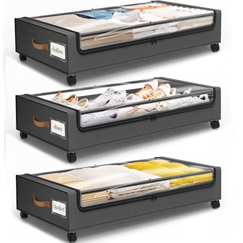 Dark Grey Under Bed Storage Containers 3-Pack with Wheels & Clear Windows