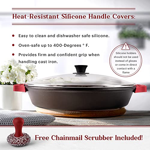 15-Inch Cast Iron Skillet with Glass Lid & Red Chainmail Scrubber - Dual Handle Braiser Pan with Silicone Handles - Pre-Seasoned Cooking Pot