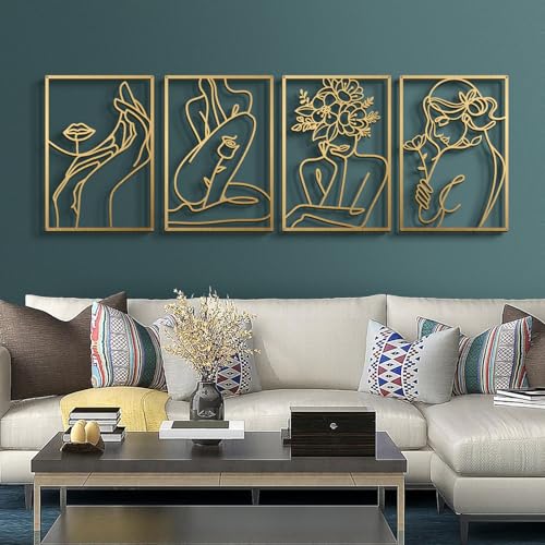 Bakovity Gold Metal Abstract Wall Art Set 22.5 x 15.7 in - Floral Minimalist Line Decor for Bedroom & Living Room