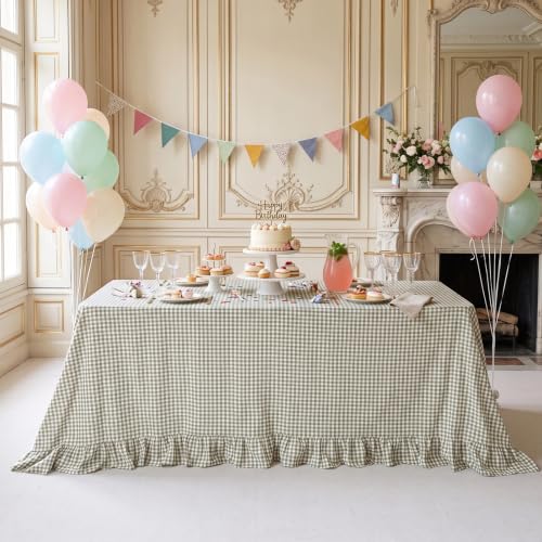 PartyDelight Sage Green Gingham Tablecloth with Ruffle 52x70 Inch Rectangular Farmhouse Decor