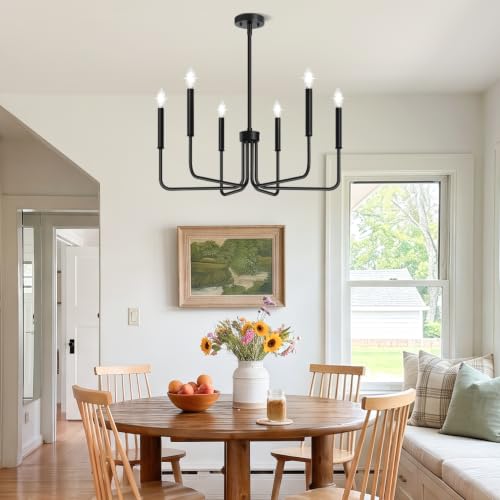 Matte Black 6-Light Farmhouse Chandelier - Industrial Modern Ceiling Light Fixture for Dining Room, Kitchen, Foyer, No Assembly Needed