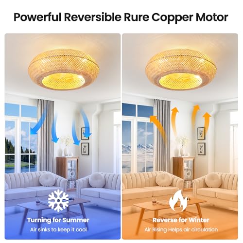 Bamboo Ceiling Fan with Lights 20 Inch Low Profile Rattan Farmhouse Fan - Remote Control