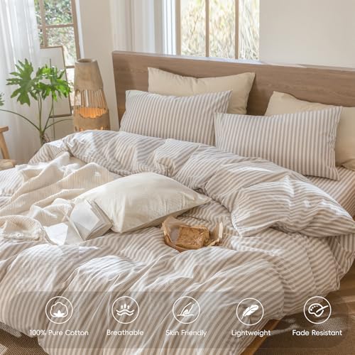 Cal King Striped Duvet Cover Set 100% Washed Cotton Linen-Like - Classic Tannish Grey & White