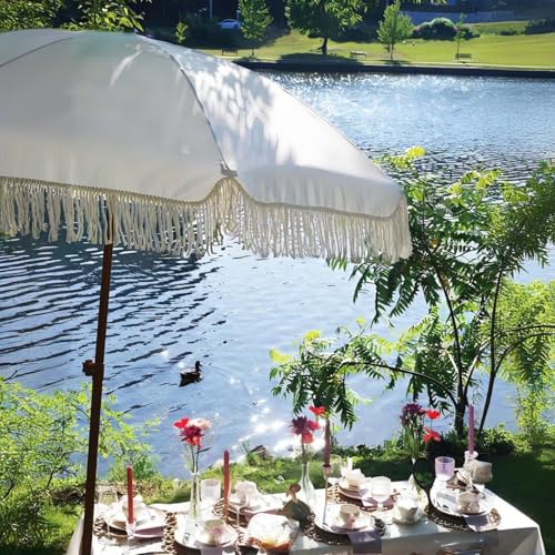7ft Outdoor Patio Umbrella with Fringe & UPF50+ Sun Protection - Cream White