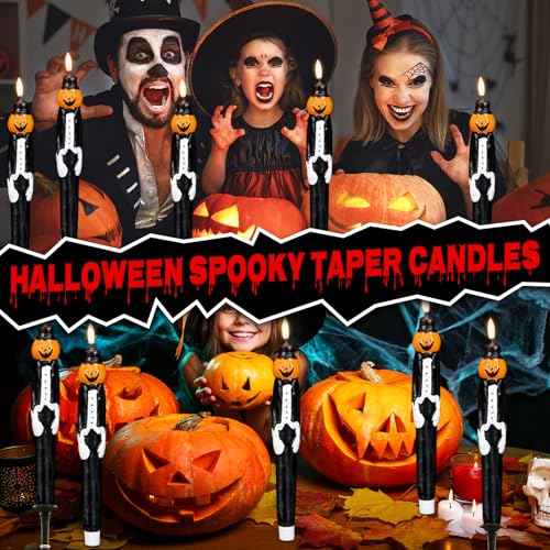 Halloween Flameless Taper Candles, Black and Pumpkin LED Flameless Candlesticks with 6H Timer, 2 Pack Halloween Pumpkin Candelabra with 3D Flame for Fall Home Decor(0.78¡± x 11.6¡±)