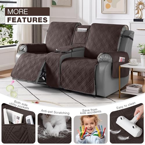 Loveseat Recliner Cover with Center Console - 2 Seater Waterproof Pet Sofa Protector - Chocolate